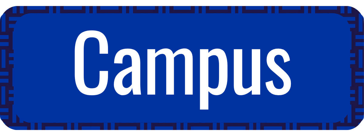 "Campus" written in white over a blue rounded rectangle, leading to Kaufman's Campus Programming page